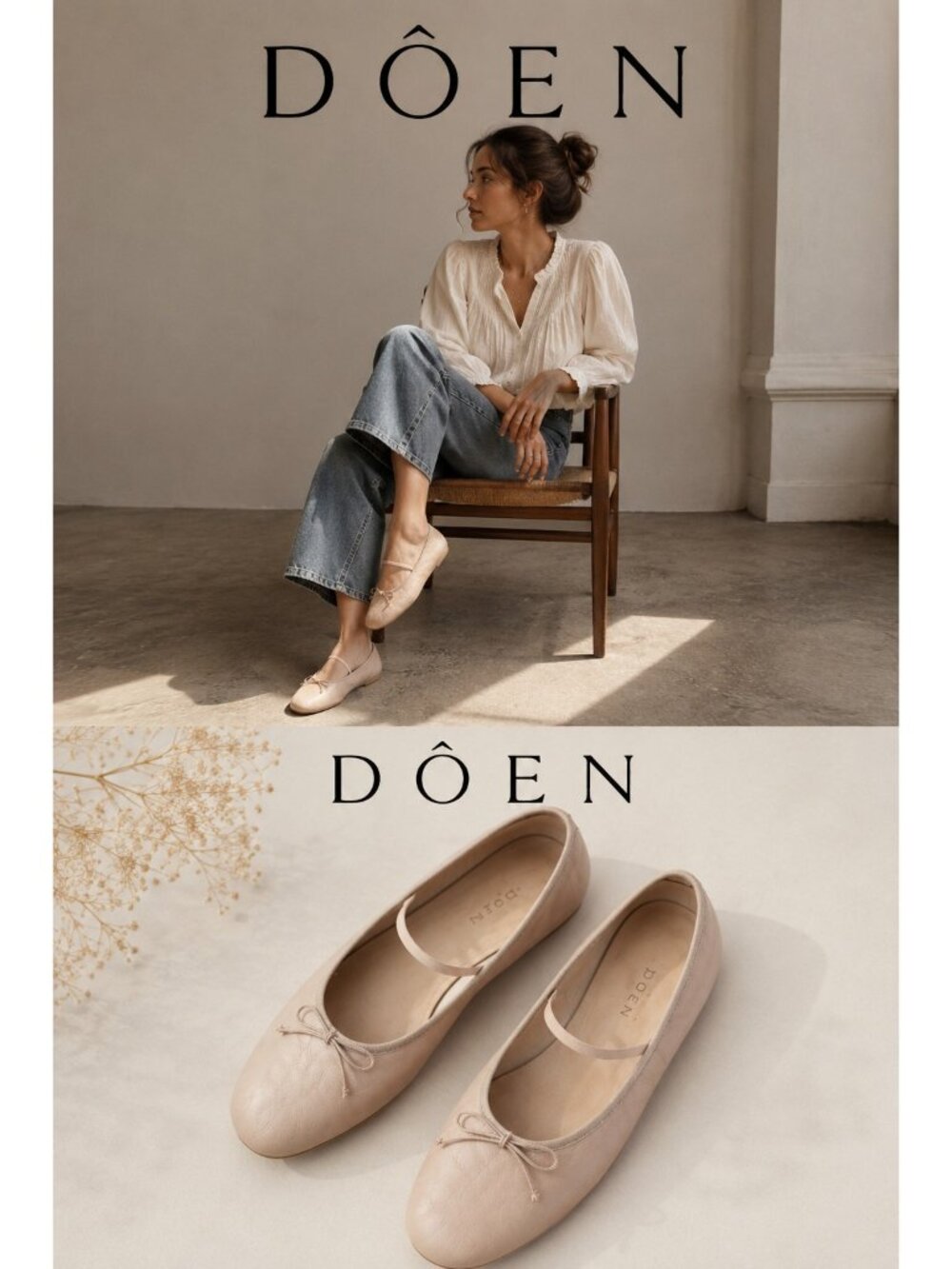 DÔEN Leather Ballet Flats Cream Square Toe Bow Mary Jane Size 11 Made in USA